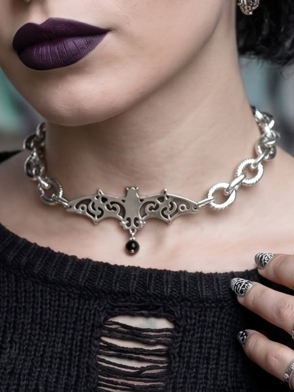 Bat Choker Silver Chunky Necklace Gothic Chain Punk Rock Biker Goth Collar